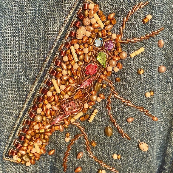 Spring Sale 🌼 Mary Frances beaded bejeweled fringe jean jacket snap up M/L - Picture 13 of 13